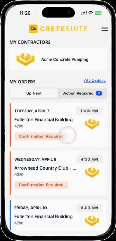 The portal's home screen, showing the pumping companies you work with and your upcoming orders.